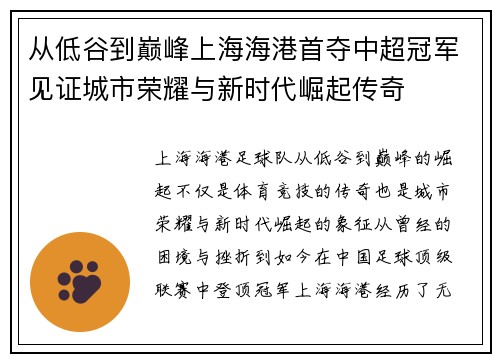 从低谷到巅峰上海海港首夺中超冠军见证城市荣耀与新时代崛起传奇