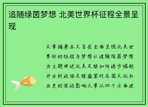 追随绿茵梦想 北美世界杯征程全景呈现